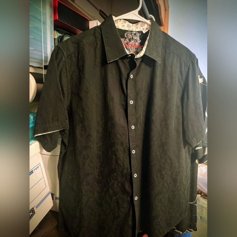 Robert Graham Shirt Mens XL Black Button Up Embroidered Flip Cuff Designer
